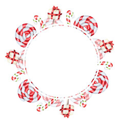 Watercolor frame with christmas candy canes illustration. New year hand painting lollipop clip art isolated on white background. New year hand painting red cupcake isolated on white background. F