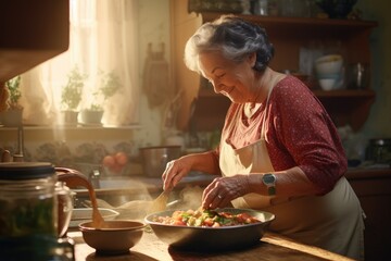 Culinary Tradition. A Skilled Nonna (Grandmother) Prepares Delicious Food in a Farmhouse Kitchen for Family. Heartwarming Meal - obrazy, fototapety, plakaty