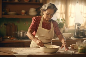 Culinary Tradition. A Skilled Nonna (Grandmother) Prepares Delicious Food in a Farmhouse Kitchen...
