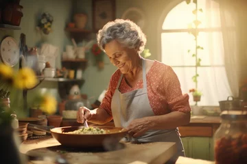 Fotobehang Culinary Tradition. A Skilled Nonna (Grandmother) Prepares Delicious Food in a Farmhouse Kitchen for Family. Heartwarming Meal © Helena
