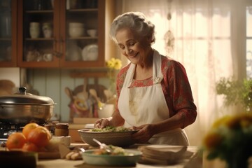 Culinary Tradition. A Skilled Nonna (Grandmother) Prepares Delicious Food in a Farmhouse Kitchen for Family. Heartwarming Meal