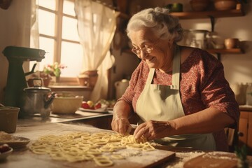 Culinary Tradition. A Skilled Nonna (Grandmother) Prepares Delicious Food in a Farmhouse Kitchen for Family. Heartwarming Meal