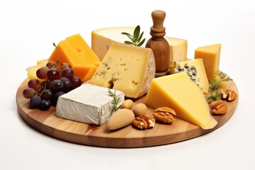 Wooden board with different types of cheese on a white background
