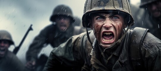 Duty and Sacrifice. Brave Soldiers in Action During World War 2, Facing Adversity on a Gray and Rainy Day. WWII Heroes

