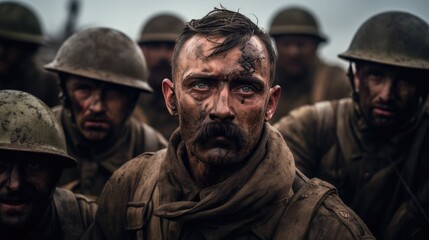 The Face of Courage: A Gritty Portrait of a Soldier with moustache During World War II in the Midst of a Battlefield - An Image Reflecting the Sweat, Blood, and Tears of Wartime Sacrifice.

