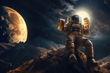 astronaut on the moon drink a beer