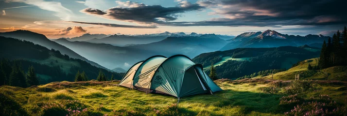 Afwasbaar Fotobehang Kamperen camping tent on mountain peak at sunrise, travel and vacation concept