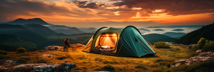 camping tent on mountain peak at sunrise, travel and vacation concept