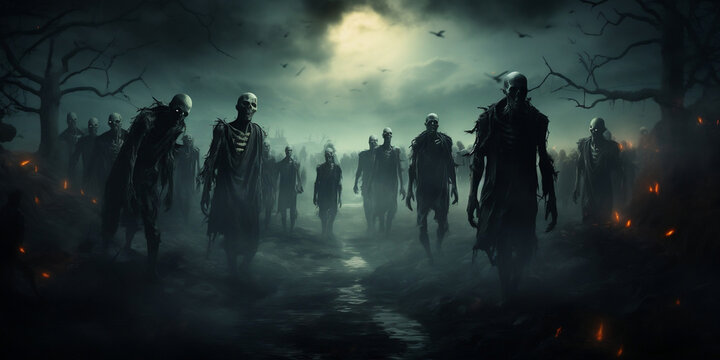 Haunted Zombies Roaming in a Spooky Fantasy Landscape on Halloween
