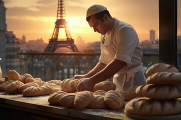 Baking in Paris. A French Baker Prepares Gourmet Pastries with a Beautiful Parisian Sunrise as a Backdrop. Culinary Artistr