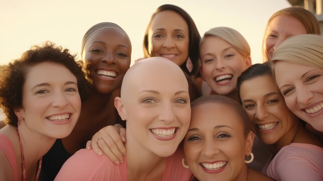 Strength in Unity. In the Face of Breast Cancer, a Woman Finds Strength, Resilience, and Love from Her Supportive Friends and Family. Medical Journey AI Generative.

