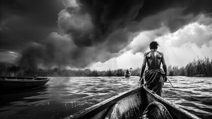 African native pulling his boat on the river.