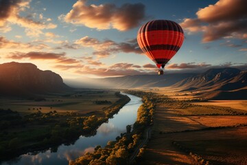 Wings of Contemplation: A Hot Air Balloon's Majestic Ascension Over a Painted Landscape, Seen from Afar, Embodies the Splendor Below Generative AI