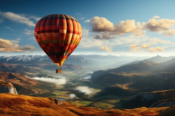 Aerial Odyssey Unveiled: The Majestic Ascent of a Hot Air Balloon Over a Breathtaking Landscape, Seen from a Distant Perspective, Capturing the Immensity  Beneath Generative AI