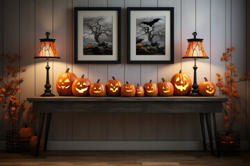 Obraz premium Haunted Harvest, Halloween Decor with Lanterns and Pumpkins on Modern Console Table
