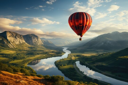Beyond Earthly Bounds: The Mesmeric Flight of a Hot Air Balloon Across a Scenic Vista, Photographed from a Distant Viewpoint, Showcasing the Expansive World Beneath Generative AI