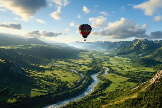 Floating Dreams: Capturing a Hot Air Balloon's Ethereal Rise Over a Scenic Canvas, Viewed from a Distance, Unveiling the Vastness Below, While Shrouding the Travelers' Identity Generative AI
