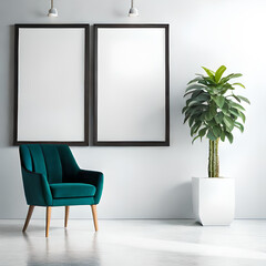 Two potted plants in front of a blank picture frame, white canvas background ,white studio background, a minimalist painting, white ambient background ,white frame border. AI Generative