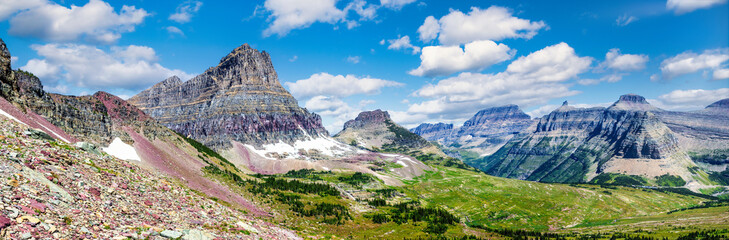 Panoramic view of Hanging Gardens valley, in Glacier National Park, Montana with Logan pass,...