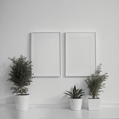 Two potted plants in front of a blank picture frame, white canvas background ,white studio background, a minimalist painting, white ambient background ,white frame border. AI Generative