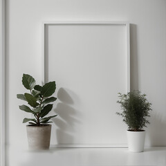 Two potted plants in front of a blank picture frame, white canvas background ,white studio background, a minimalist painting, white ambient background ,white frame border. AI Generative