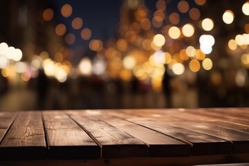 Weihnachtsmarkt Romantik und Stimmung. Tisch aus Holz zur Präsentation von Gegenständen. Beleuchtung zu Advent in der Stadt.  - obrazy, fototapety, plakaty