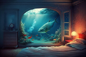 interior of bedroom with an aquarium with fish inside. Fantastic dreams of traveling and relaxing by sea. Generative AI illustration