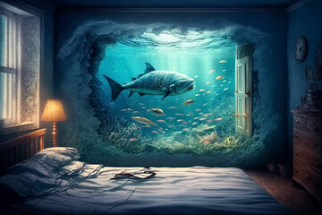 interior of bedroom in hotel with an aquarium inside. Sea with fish inside the house. Travel dreams. Generative AI illustration