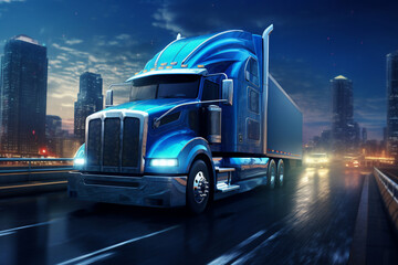 A blue large truck is driving fast with a normal speed on a busy highway surrounded by cities