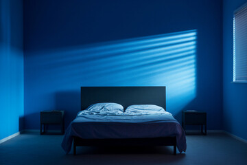 A contemporary bright blue bed room is lit with sun beams coming in from the left without people present