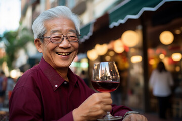 An aged asian senior is travelling cheerful with a glass of wine in a vibrant city on vacation while retired