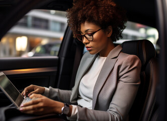 A youthful african american business-woman is working concentrated with computer without logo in the backseat of a expensive modern car while looking at the screen