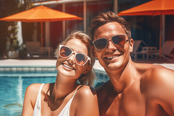 A holiday attractive couple is smiling sunglasses next to the  pool ; a vacation background or banner