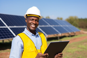A male african american engineer with a yellow helmet are standing and looking at the camera enthusiastic with ipad without logo in a solar panel clean park ; renewable energy concept