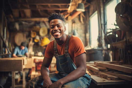 A young african american male craftsman are working happily with wooden planks in a old workshop wearing an apron - Powered by Adobe