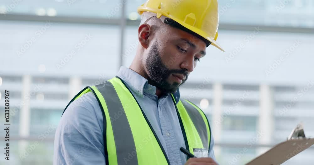 Fototapete building inspection, planning and a construction worker with notes for industrial safety. maintenanc
