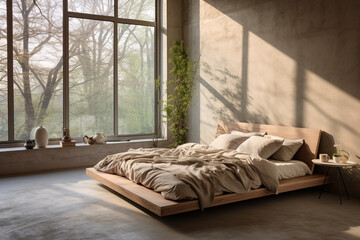 A contemporary soft ashen bed room is lit with sun beams coming in from the left without people present