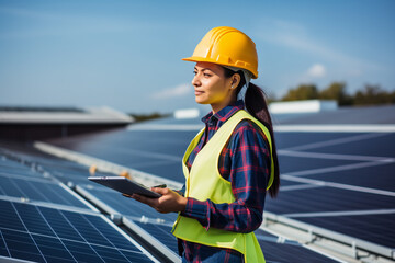 A female latin engineer with a yellow helmet are checking on solar panels enthusiastic with ipad without logo on a clean roof ; renewable energy concept