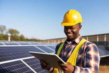 A male african american engineer with a yellow helmet are checking on solar panels enthusiastic with ipad without logo in a solar panel clean park ; renewable energy concept
