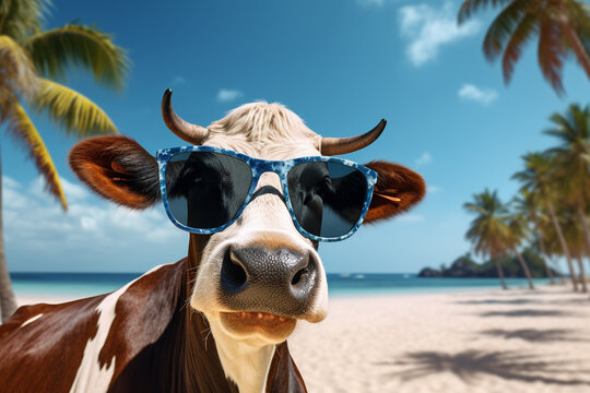 A holiday attractive cow is smiling sunglasses on a  beach ; a vacation background or banner