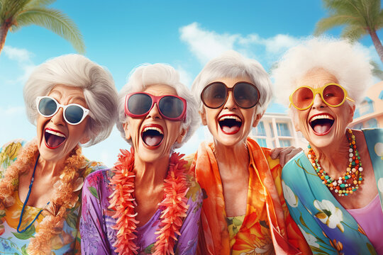 A holiday cool group of grannies are smiling sunglasses next to the  pool ; a vacation background or banner
