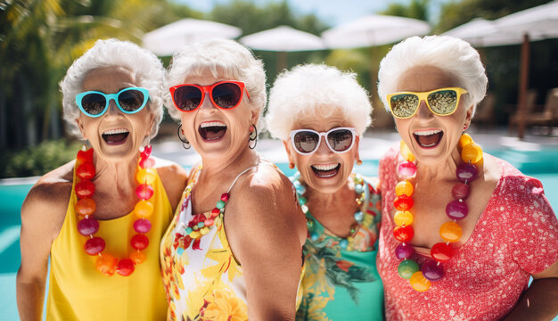 A holiday happy group of grannies are smiling sunglasses next to the  pool ; a vacation background or banner