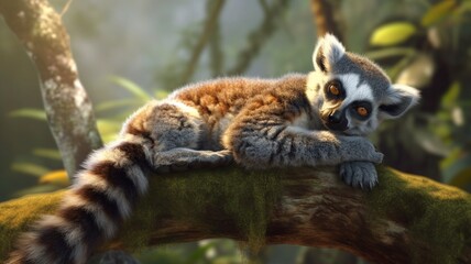 Obraz premium Cute lemur lying tree animal bamboo species illustration picture AI generated art
