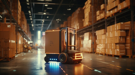 Forklift doing storage in warehouse by artificial intelligence automation. Robotics applied to industrial logistics.