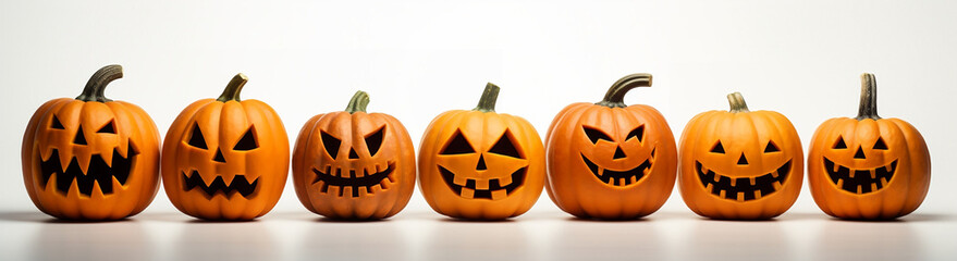 Spooky Halloween Jack O Lantern Pumpkins Lined up on White Background