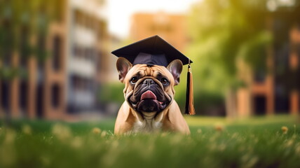 Happy funny french bulldog dog wearing graduation cap on student campus background. Education in university or language school concept.