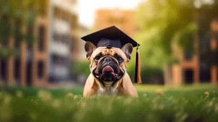 Foto op Plexiglas Franse bulldog Happy funny french bulldog dog wearing graduation cap on student campus background. Education in university or language school concept.