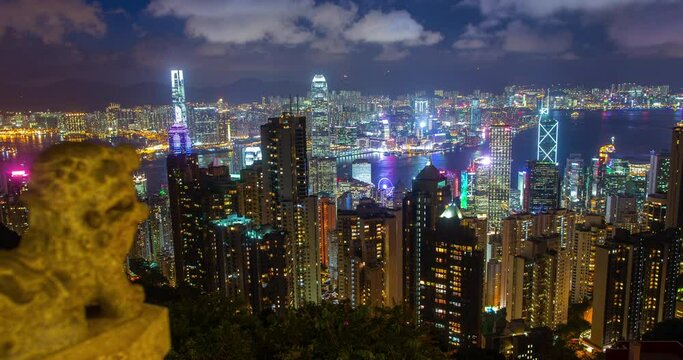 4k Hong Kong Night Sky Timelapse Harbor Dragon Statue Foreground