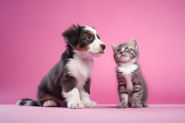 The Playful Dog and Curious Kitten, Unlikely Best Friends, on Pink Background