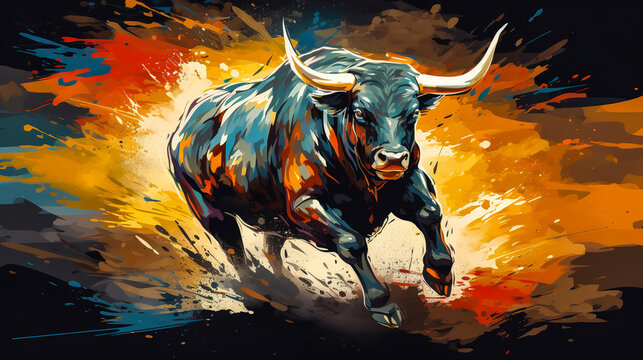 Angry bull running illustration vector in abstract mixed grunge colors digital painting in minimal graphic art style. Digital illustration generative AI.